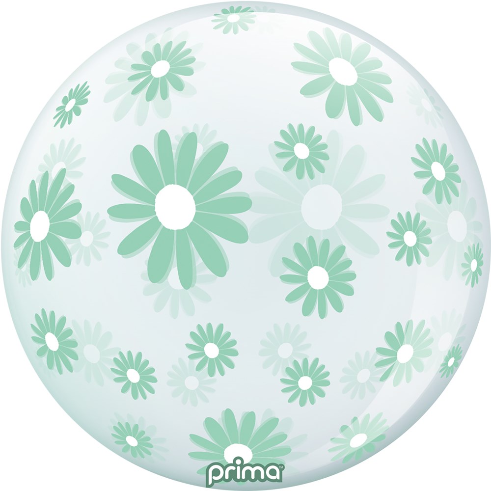 Clear sphere balloon with mint green daisies pattern, 20-inch round shape.