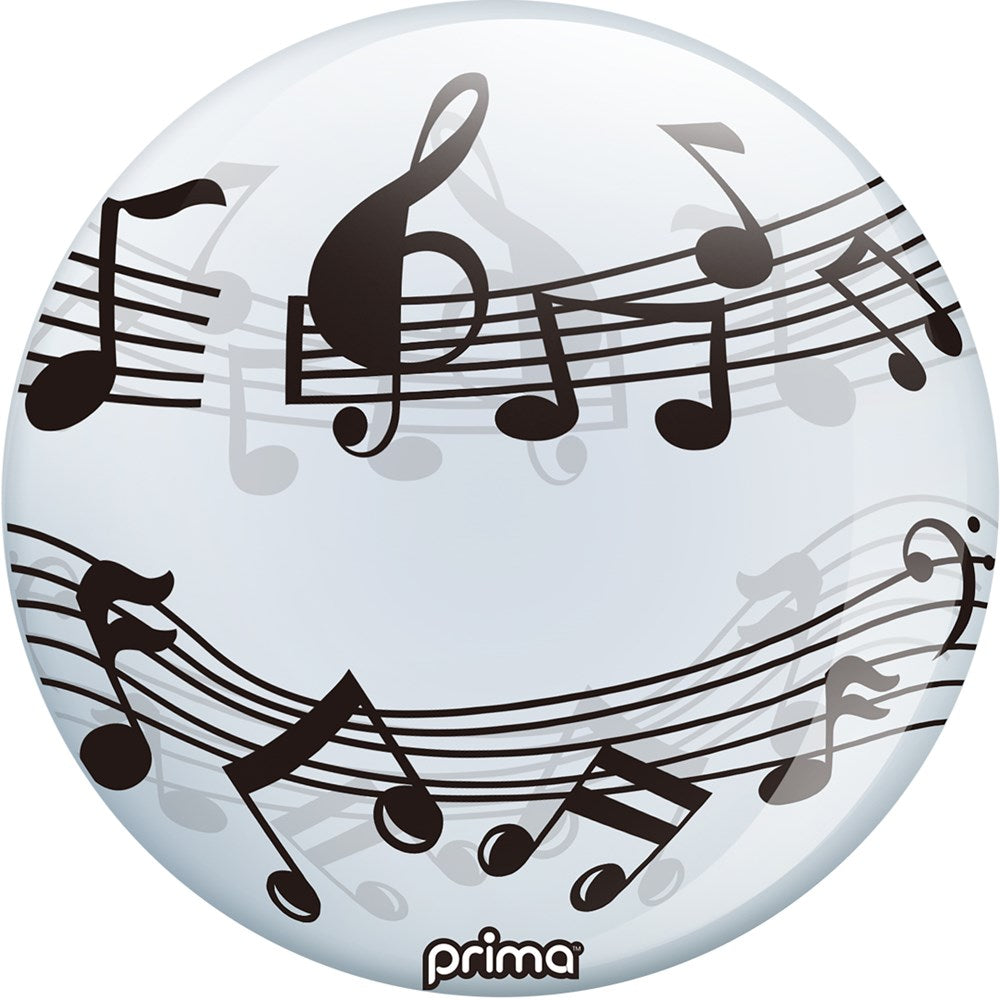 White 20-inch round balloon decorated with black musical notes and staff lines.