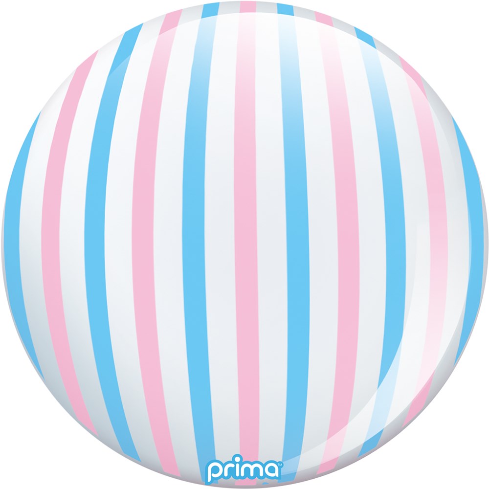 20-inch spherical balloon with vertical pink, blue, and white stripes and a glossy finish.
