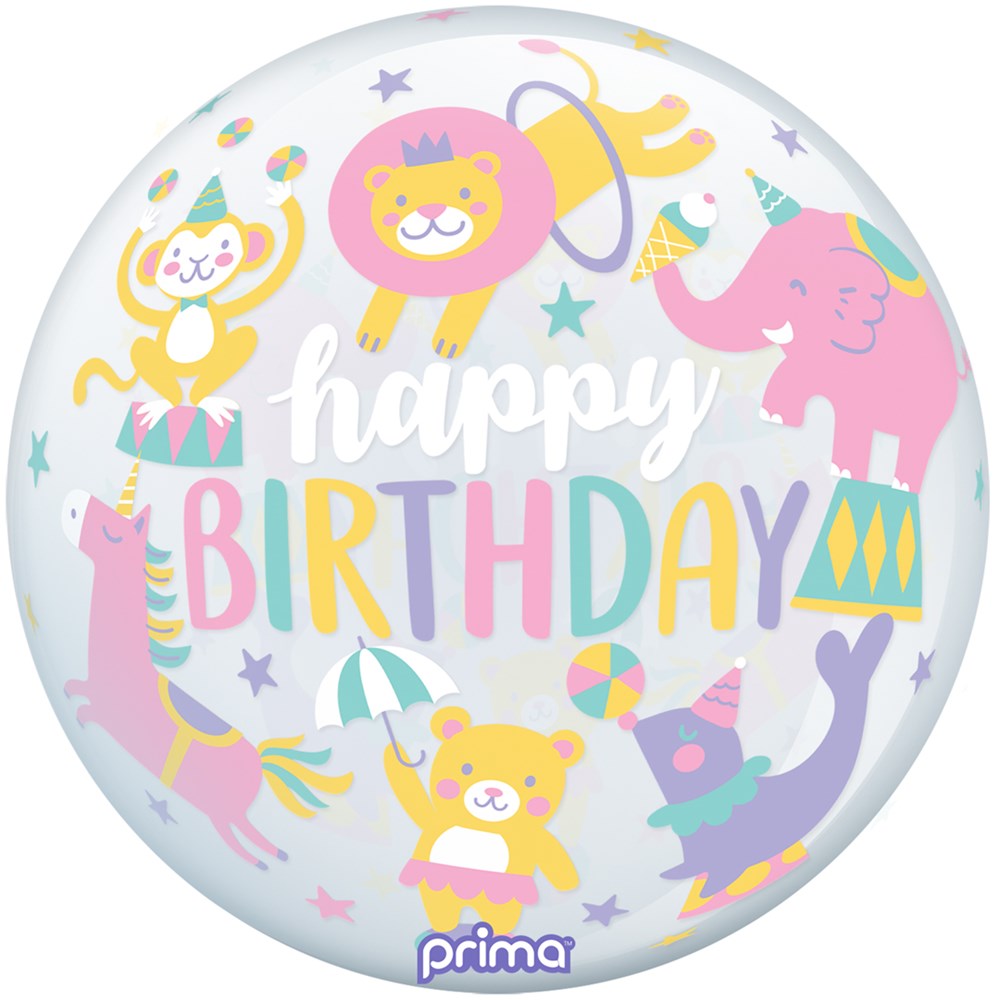Round pastel balloon with circus animals and colorful "Happy Birthday" text.