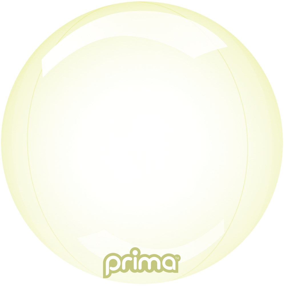 Translucent pale yellow 10-inch glass sphere with glossy finish and Prima logo at base.