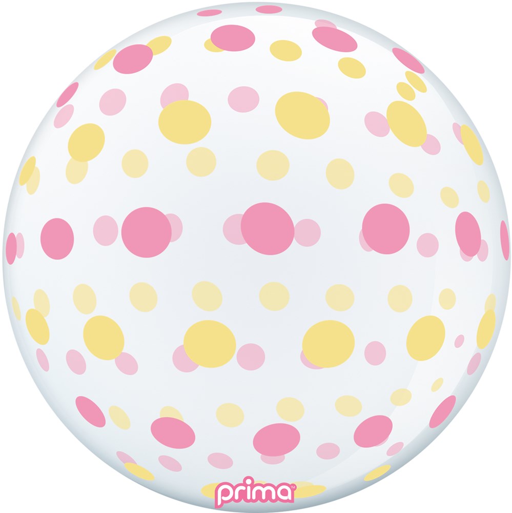 White 20-inch sphere balloon decorated with scattered pink and gold dots.