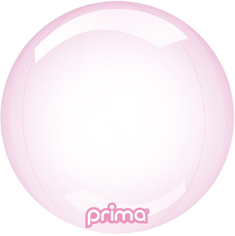 Translucent pale pink glass sphere balloon with a smooth, glossy surface and "prima" logo at the bottom.