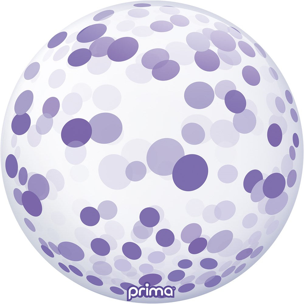 20-inch clear balloon filled with purple confetti dots in varying sizes.