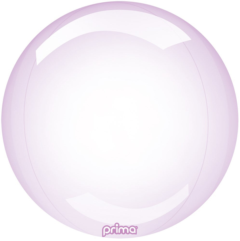 Transparent light purple 20-inch glossy glass sphere balloon with smooth surface and Prima logo.