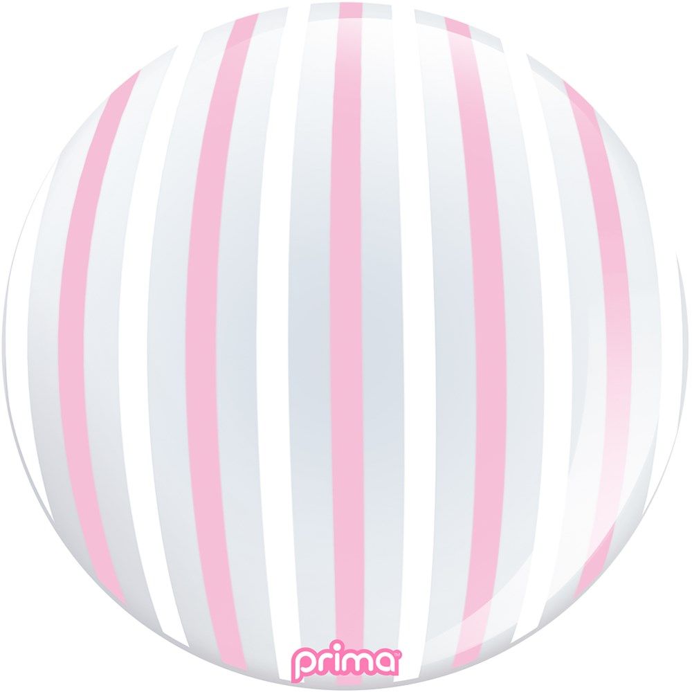 20-inch glossy sphere balloon with alternating pink and white vertical stripes.
