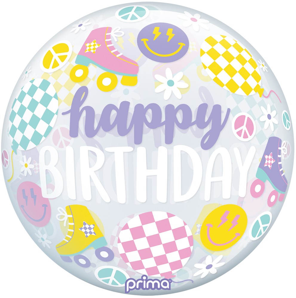 20-inch round balloon with pastel roller skates, smiley faces, peace signs, and "Happy Birthday" text.
