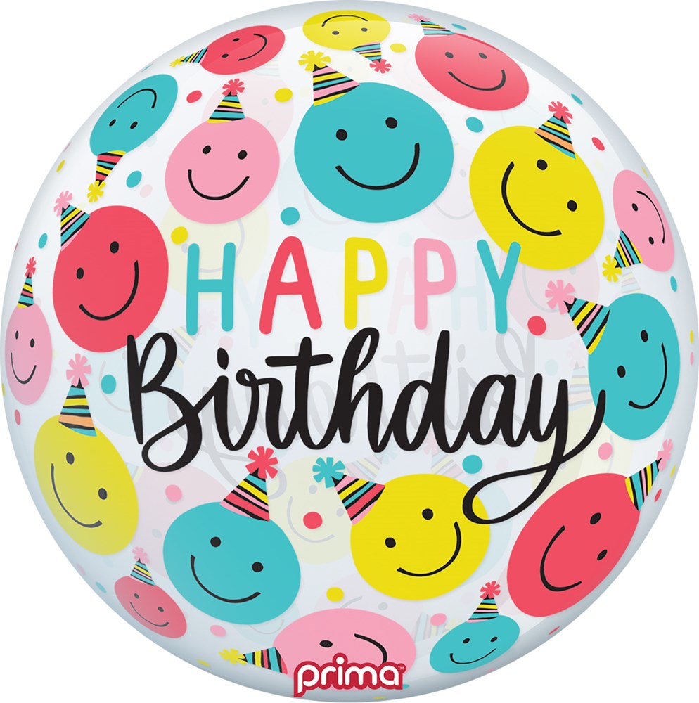 20-inch round white balloon with colorful smiling faces wearing party hats and "Happy Birthday" text in multicolor and black