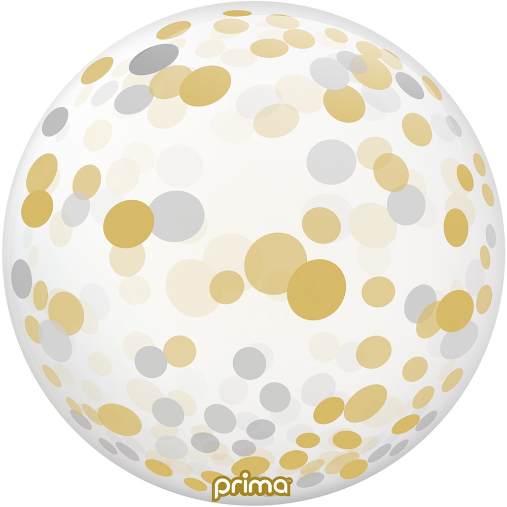 20-inch clear sphere balloon with scattered gold and silver confetti dots.