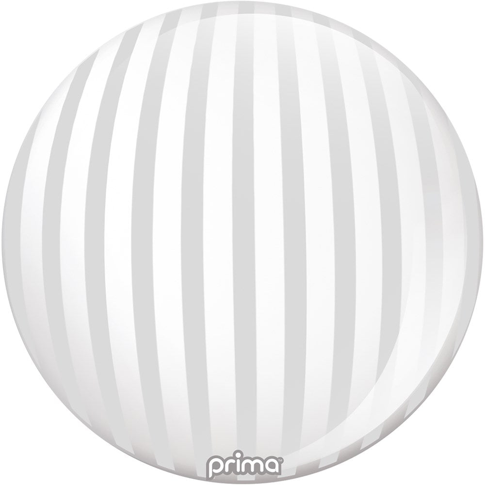 20-inch white sphere balloon with vertical silver stripes, shiny surface.