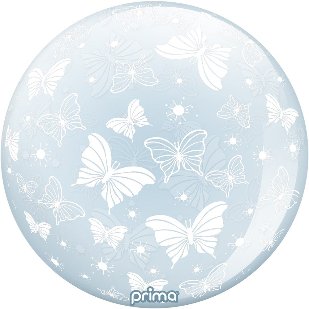 20-inch translucent sphere balloon with white butterfly patterns and subtle sparkle details.
