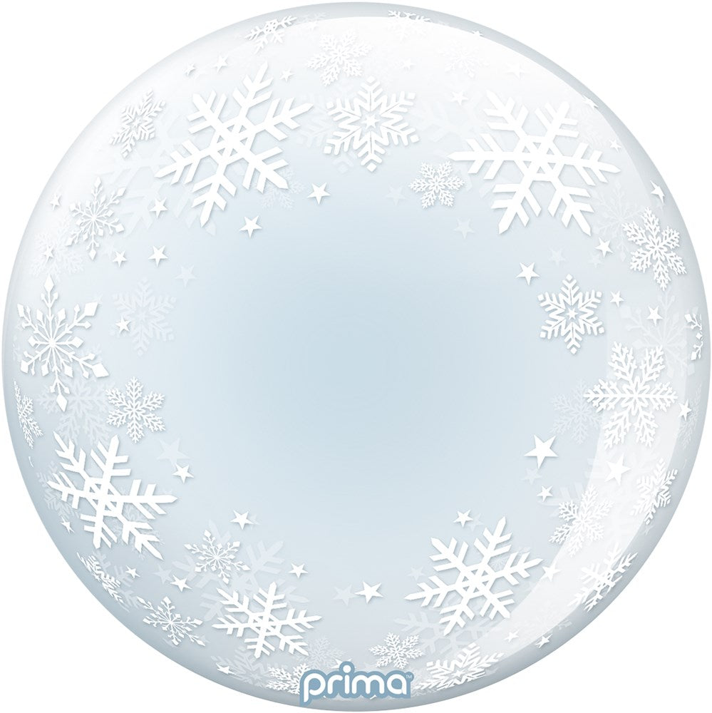 Round translucent white balloon with white snowflake patterns and small stars, 20-inch size.