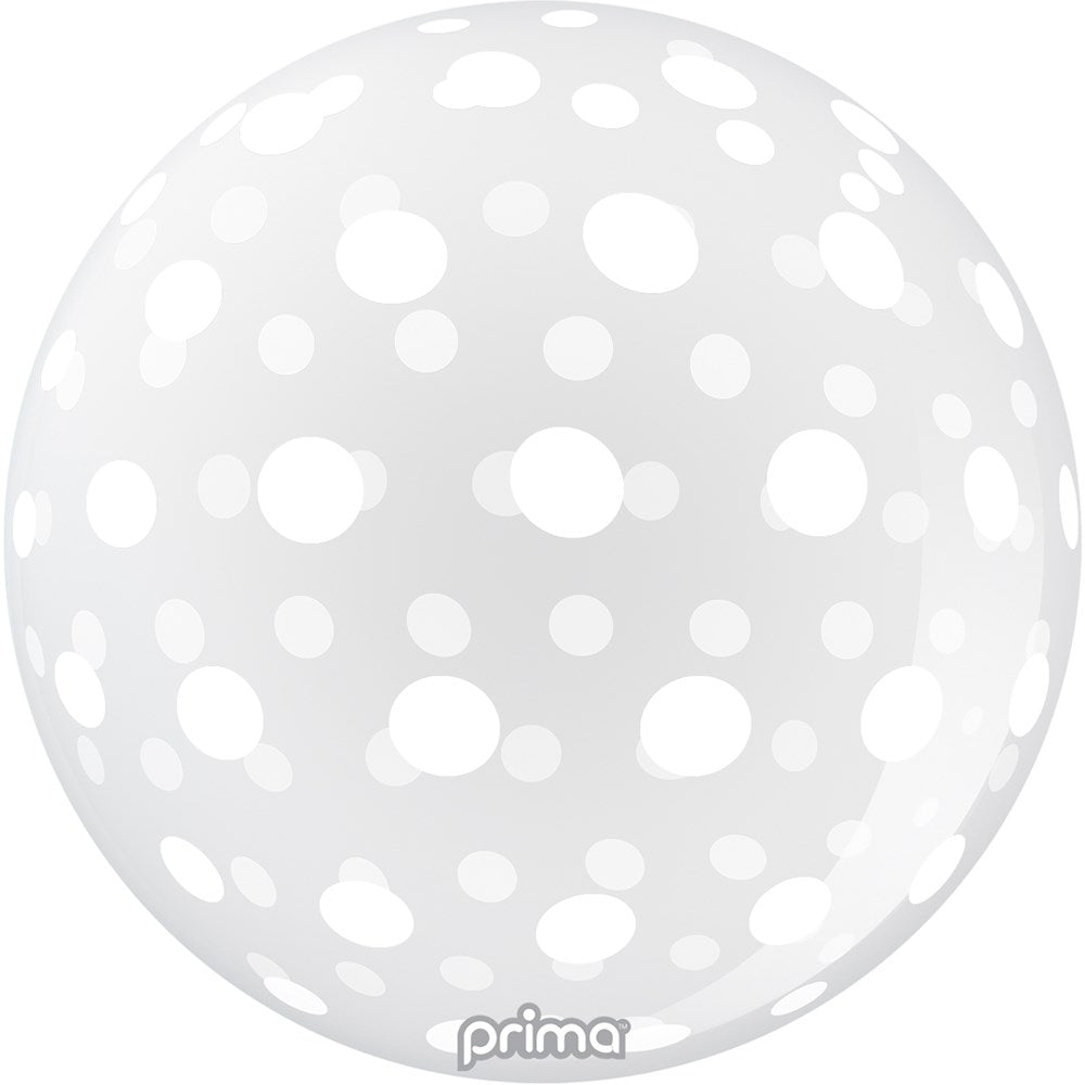 White 20-inch spherical balloon with evenly spaced white polka dots, glossy finish.