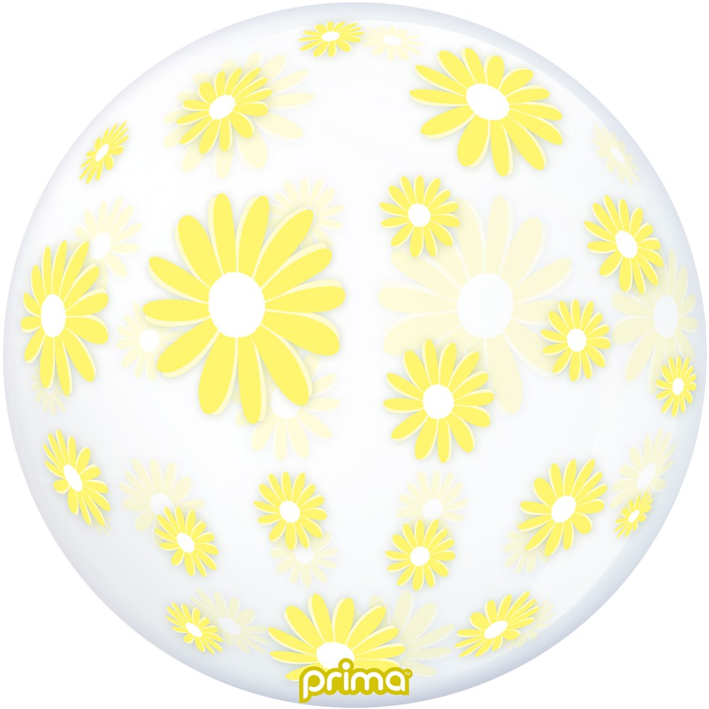 White spherical balloon decorated with scattered yellow daisy patterns, 20 inches in diameter.