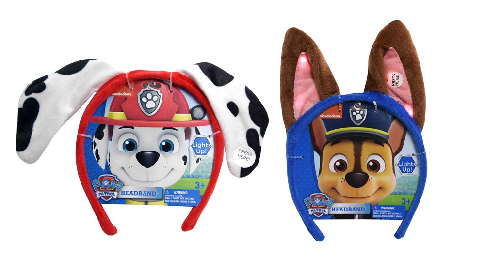 Red and blue Paw Patrol light-up headbands with dog ears, featuring Marshall and Chase characters.
