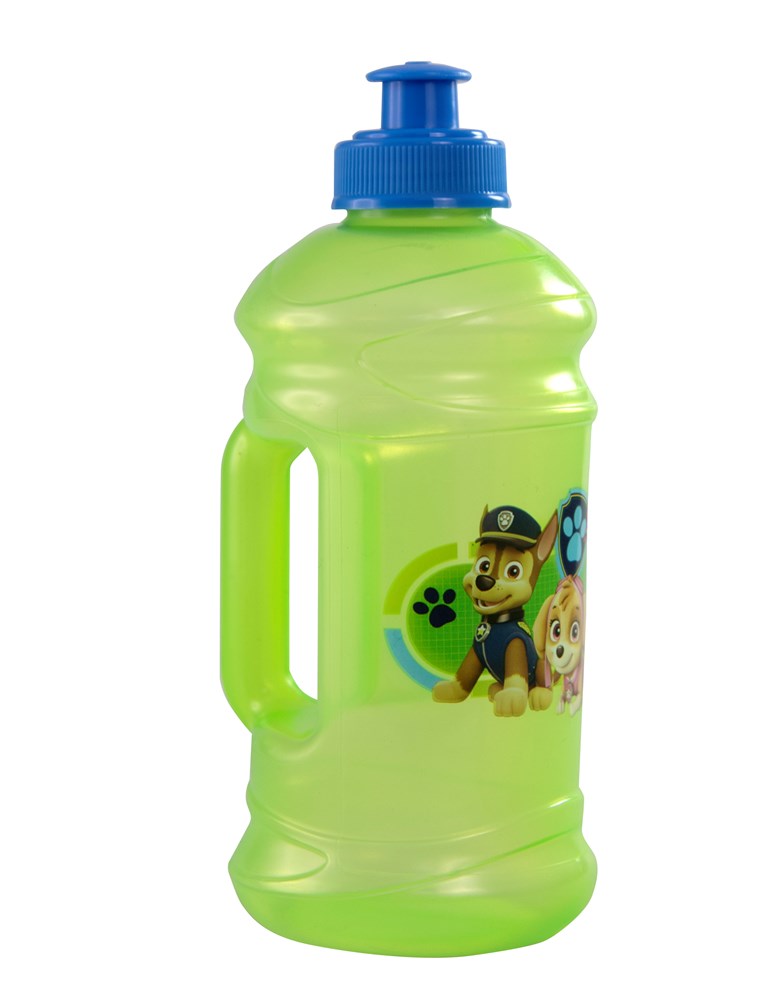 Green plastic water jug with blue push-pull cap and Paw Patrol character graphics.