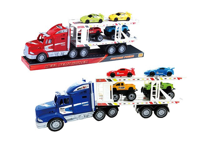 Two friction car carriers, one red and one blue, each carrying four colorful toy cars on a 16.5-inch trailer.