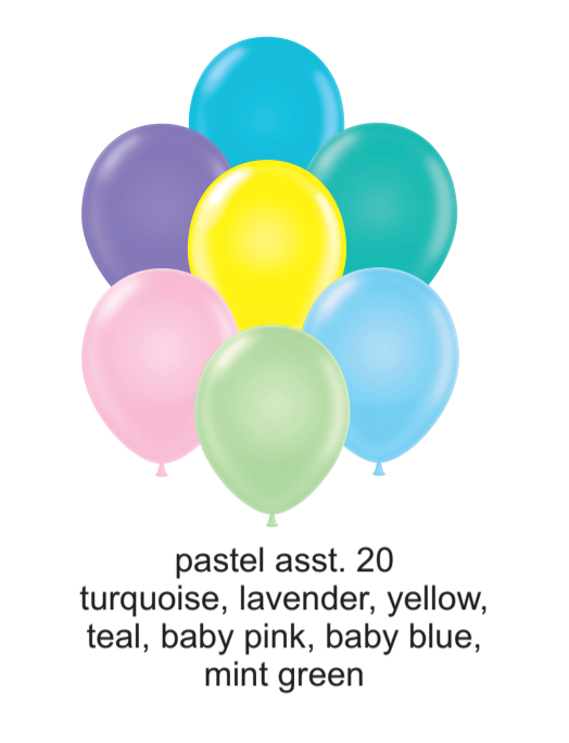 Set of seven 17-inch pastel latex balloons in turquoise, lavender, yellow, teal, baby pink, baby blue, and mint green colors.