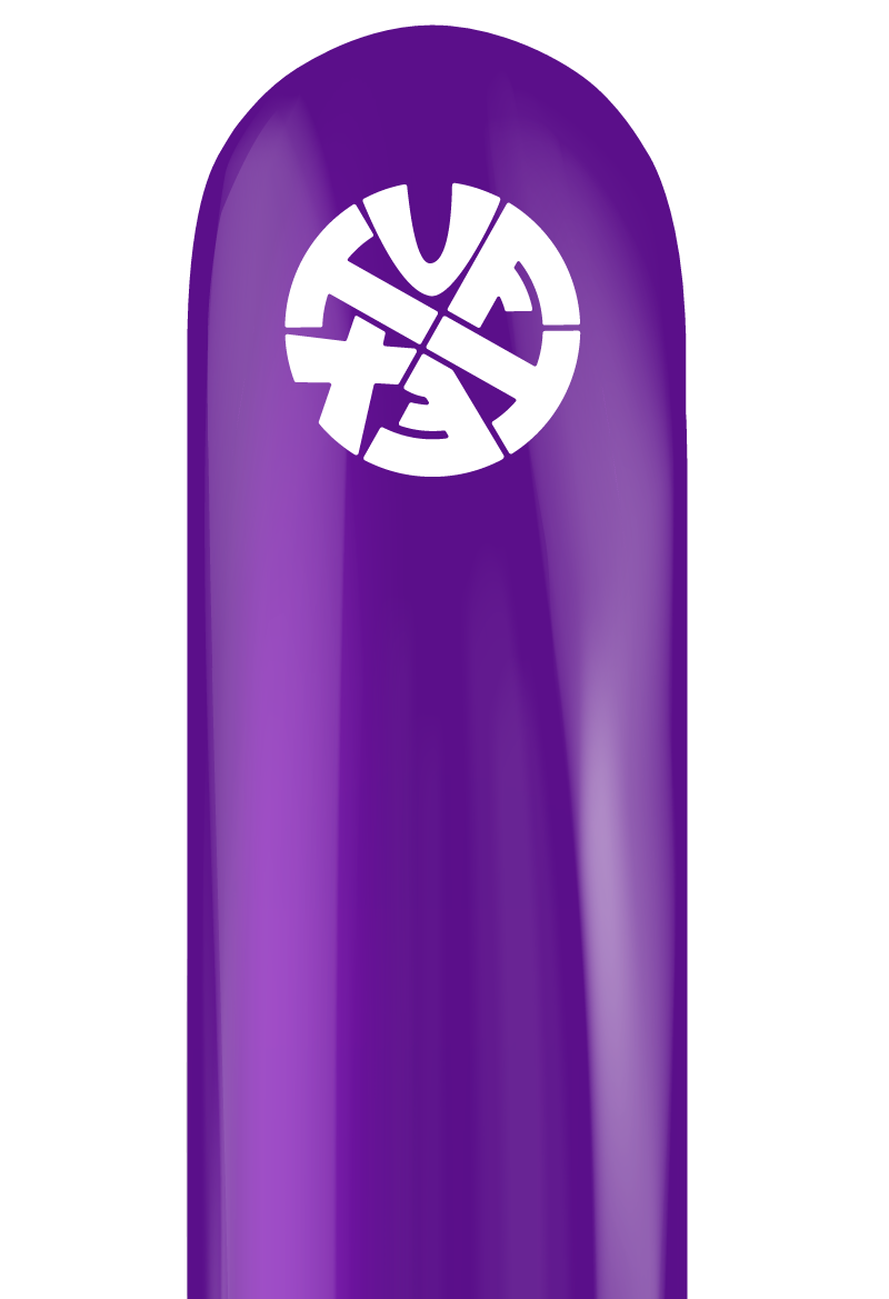 Glossy plum purple 260 long twisting balloon with white Tuftex logo printed on side.