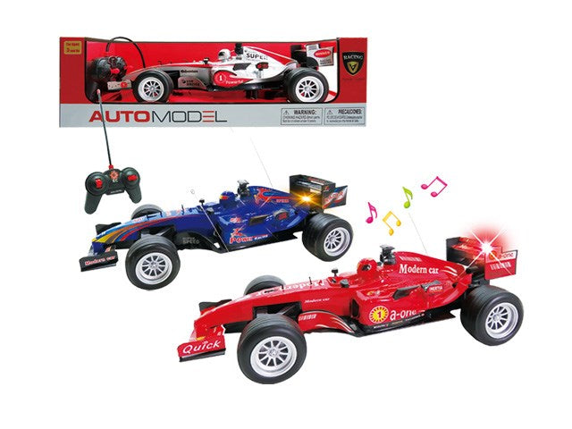 15-inch red and blue remote control racing cars with black controllers and colorful decals.