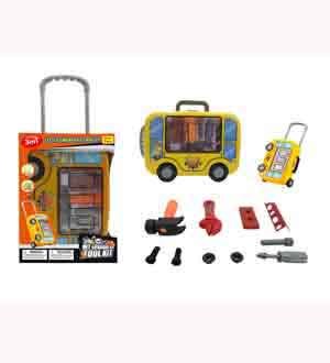 Yellow and gray toy luggage carry set with detachable parts and educational tools in packaging.