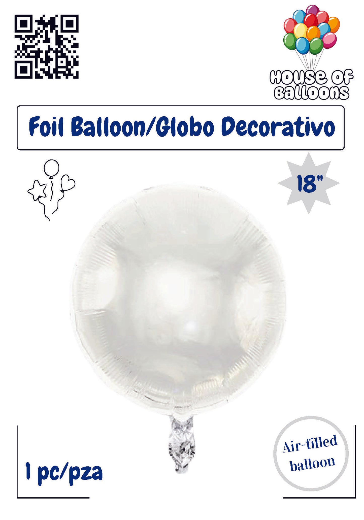 18-inch round silver foil balloon with shiny metallic finish and self-sealing valve.
