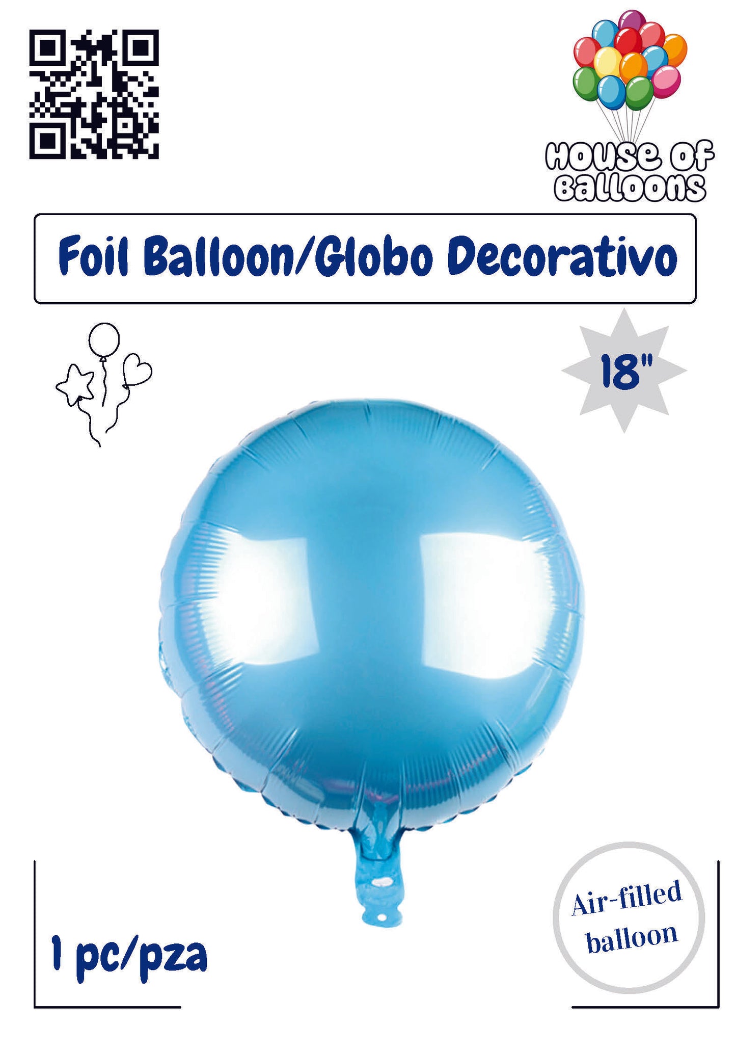 Powder blue round 18-inch shiny foil balloon with air-fill valve.