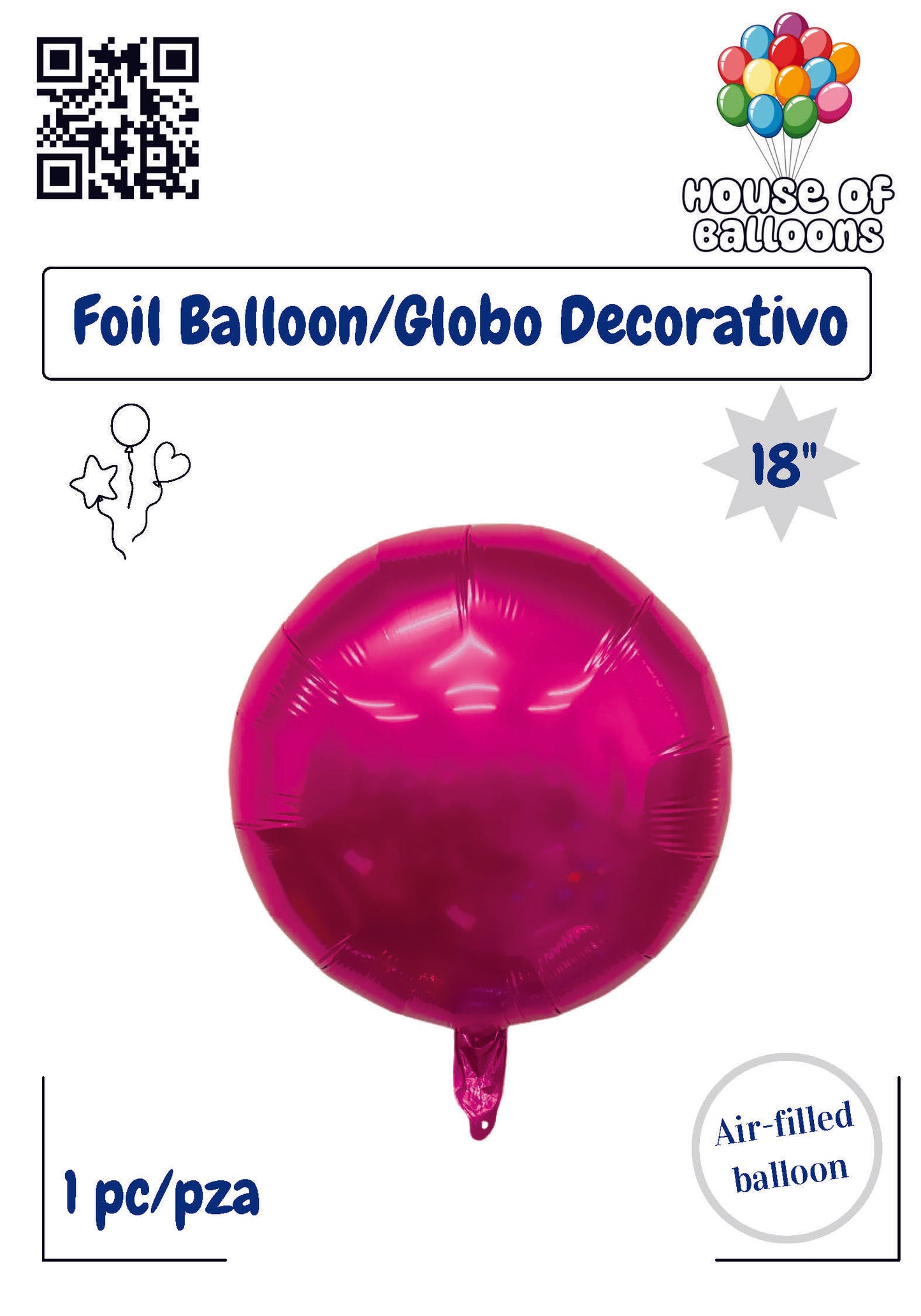 Fuchsia rose round 18-inch shiny foil balloon with smooth surface, air-filled, single unit.