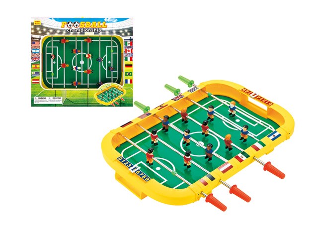 Compact foosball table with yellow frame, green field, and red and white player figures.