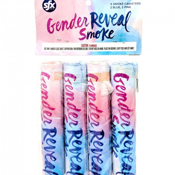 Set of four cylindrical smoke canisters with pink and blue gradient labels reading "Gender Reveal Smoke" in bold script font.