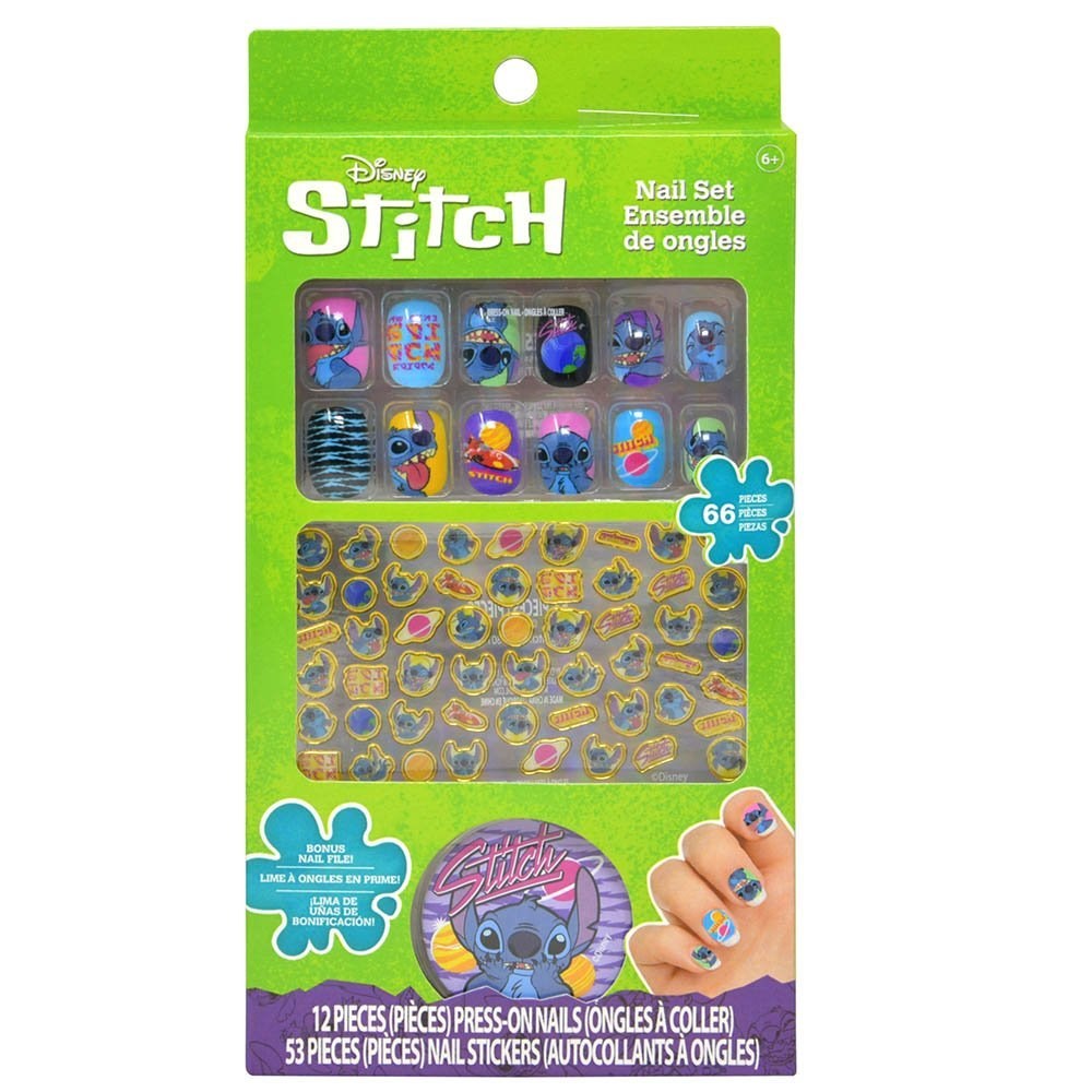 Green Stitch-themed nail art set with colorful character nail stickers and multiple small decorative decals.