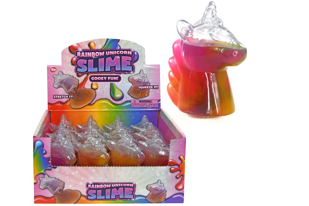 Clear unicorn-shaped container filled with vibrant rainbow-colored glitter slime.