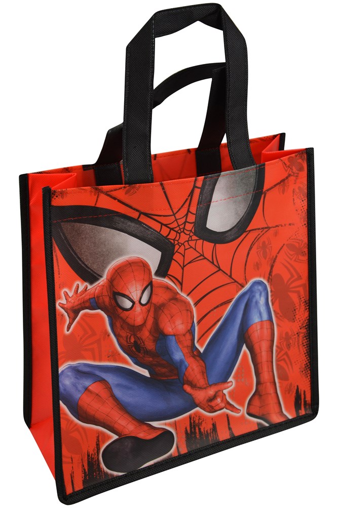Red and black non-woven tote bag with Spiderman graphic and black handles.