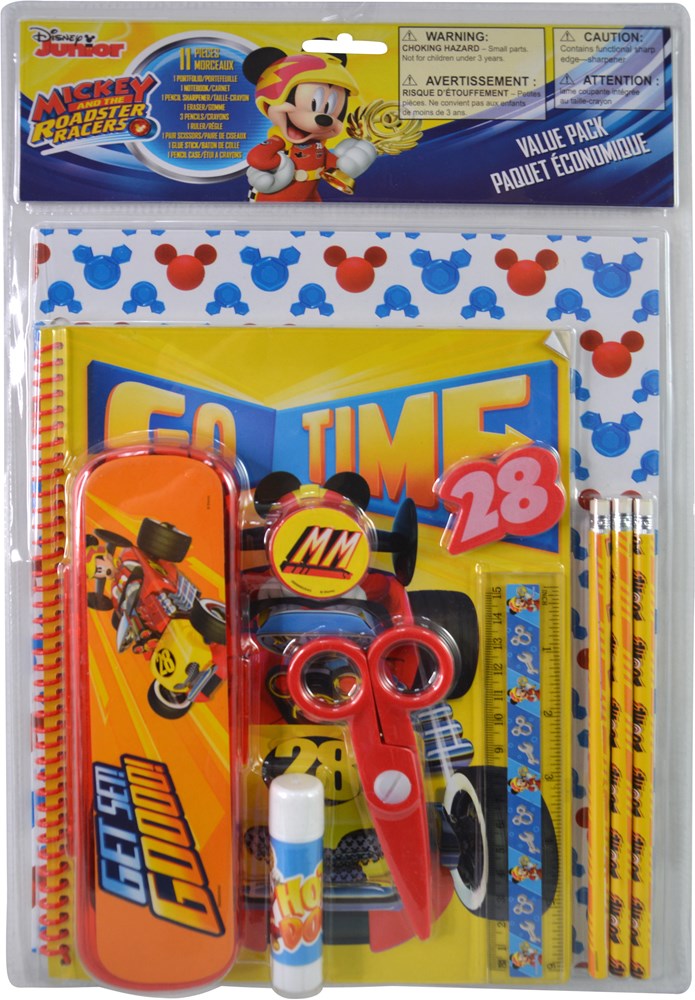11-piece Mickey Mouse-themed school supply pack with colorful pencils, scissors, glue stick, and notepad featuring Mickey.