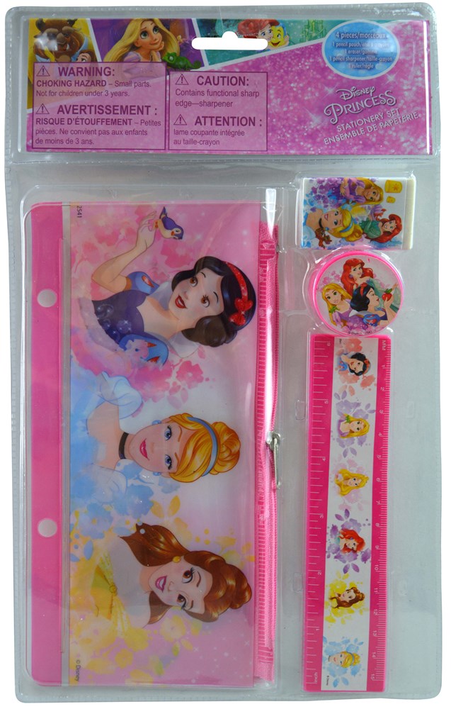 Pink translucent pencil case featuring Snow White, Cinderella, and Belle with a matching ruler and eraser in Disney Princess