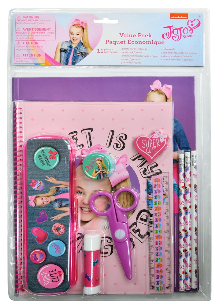JoJo Siwa 11-piece stationery set in pink plastic case with scissors, pencils, erasers, lip gloss, and themed decorations.
