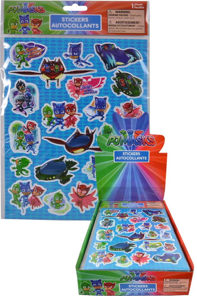Colorful PJ Masks raised stickers featuring Catboy, Owlette, Gekko, and villain characters on a blue sheet.