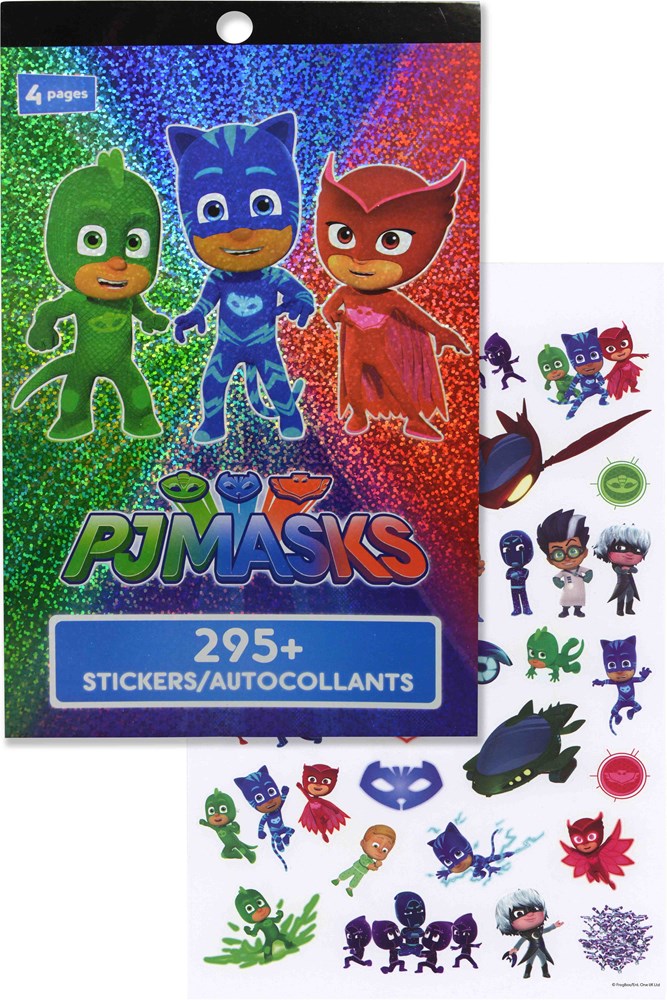 Holographic PJ Masks sticker set featuring Catboy, Gekko, Owlette, and over 295 colorful superhero-themed stickers.