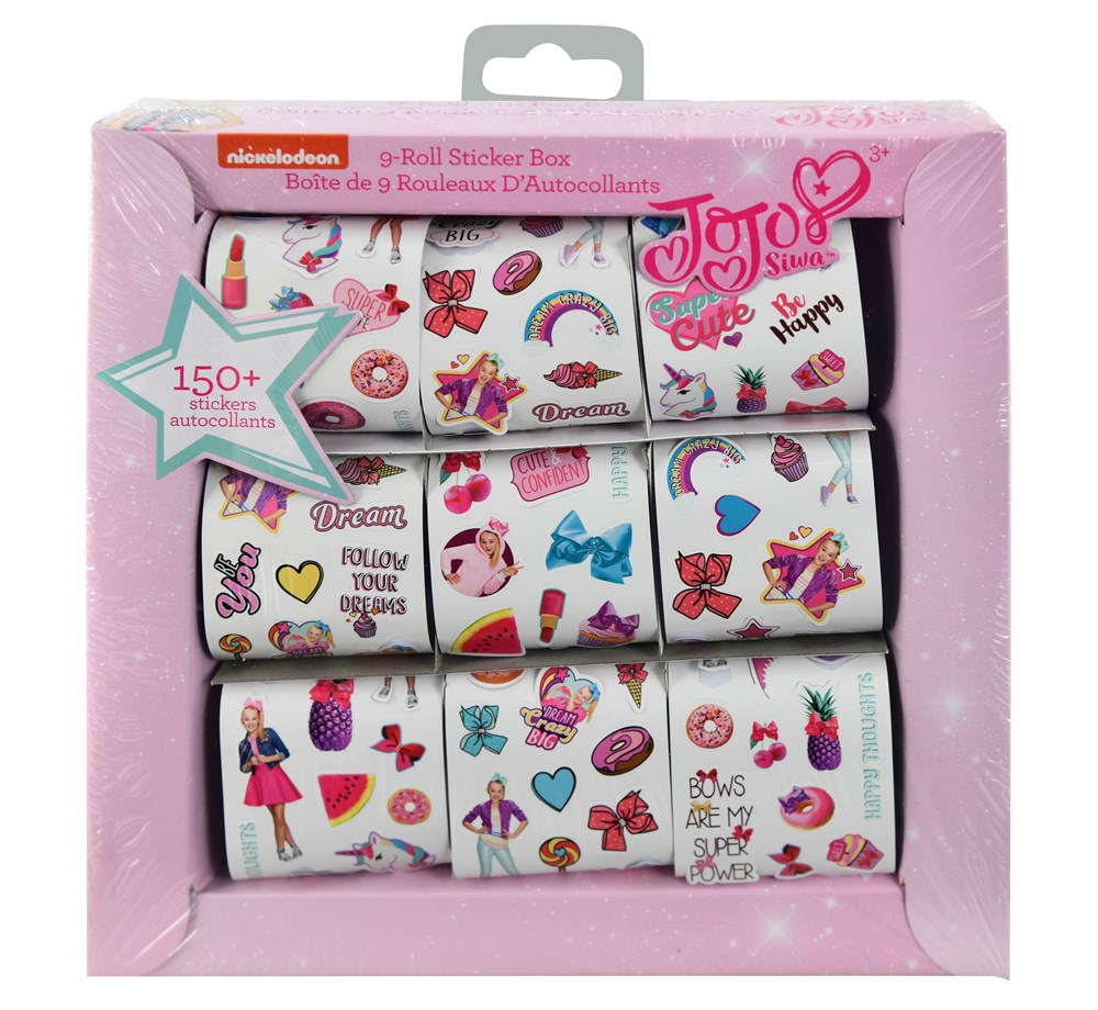 Set of nine white sticker rolls featuring colorful Jojo Siwa-themed designs including bows, hearts, rainbows, and fun.