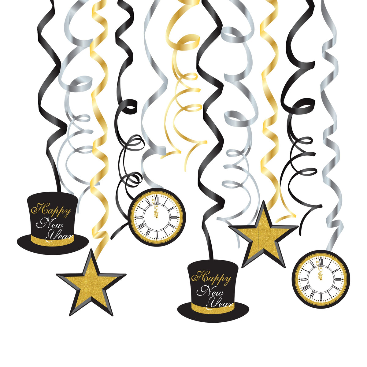 New Years Eve Clock Swirl Decorations with Glitter 12ct