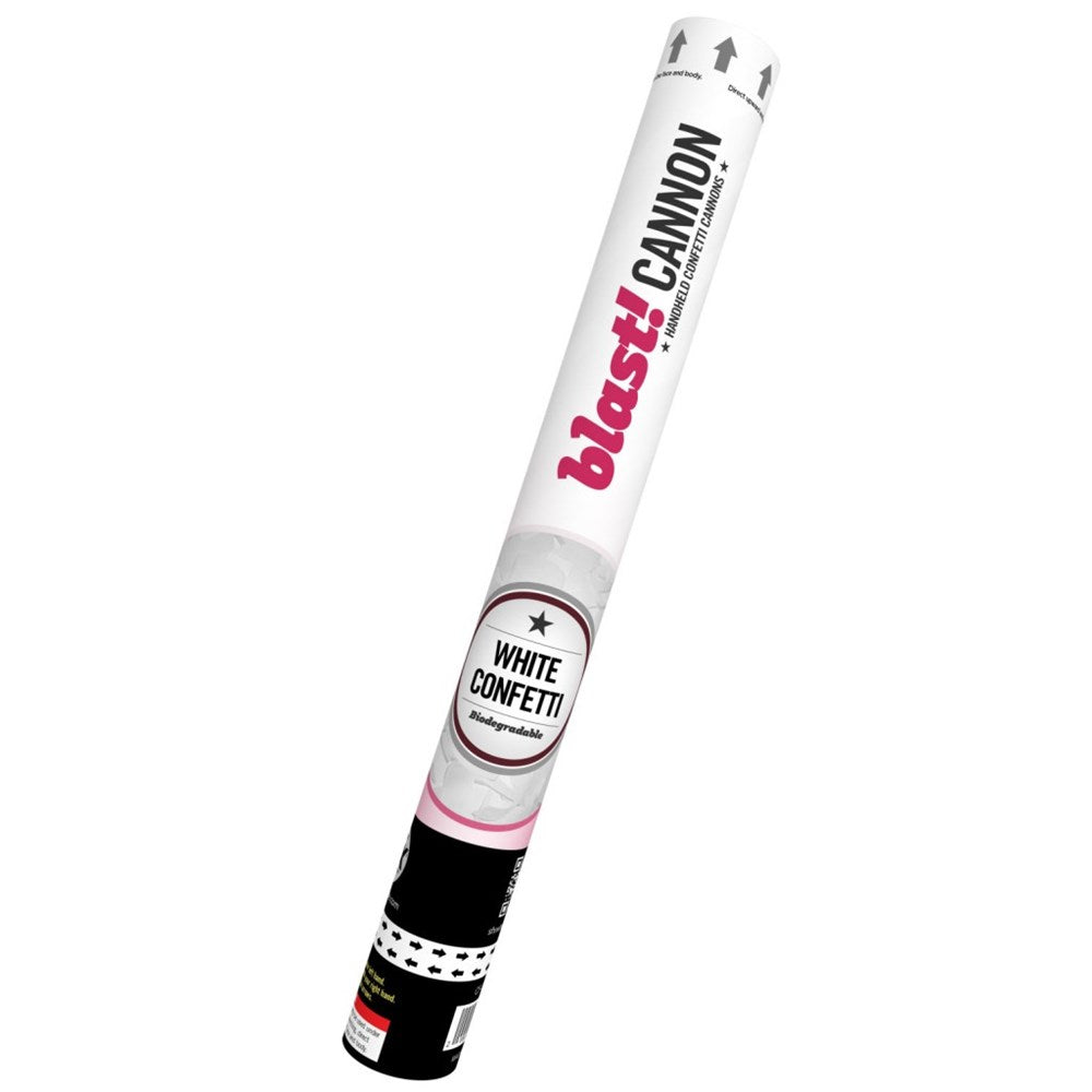 White confetti cannon tube with black and pink accents and bold "blast! CANNON!" text.