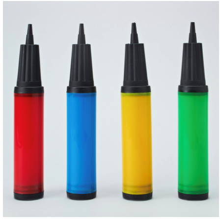 Set of four balloon pumps in red, blue, yellow, and green with black nozzles and bases.