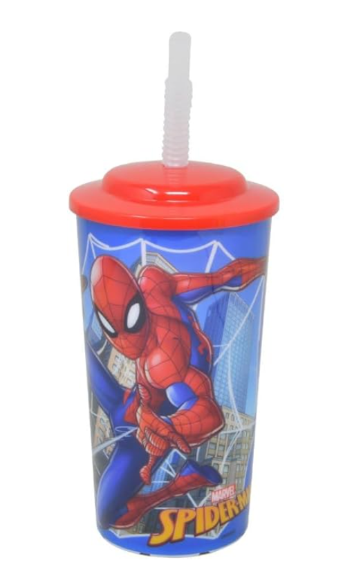 16oz plastic tumbler with red lid, clear straw, and Spiderman graphic on blue background.
