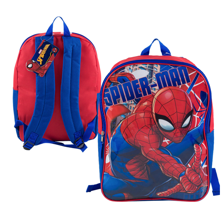 Red and blue 15-inch Spiderman backpack with graphic front of Spiderman crawling and blue straps.