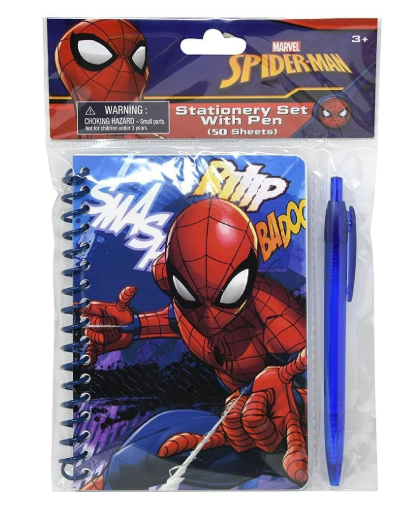Spiderman spiral notebook with red and blue cover, featuring Spiderman graphic, and blue pen on the side.