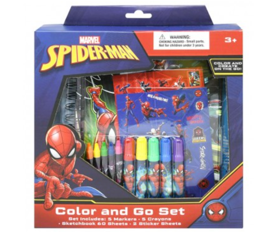 Spider-Man Color and Go Set with markers, crayons, sketchbook, and themed packaging in red and blue colors.