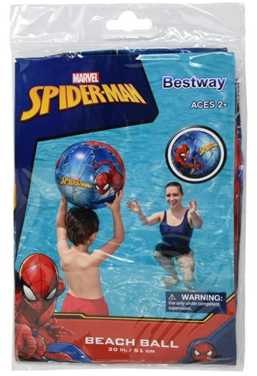 Inflatable Spiderman beach ball with red, blue, and black web design in clear polybag packaging with Spiderman graphics.
