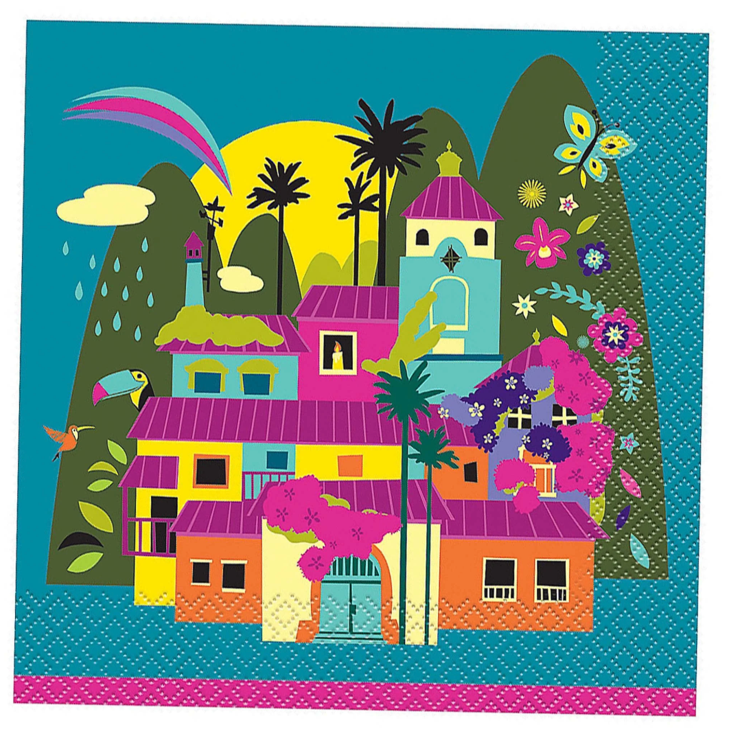 Colorful large paper napkin with vibrant tropical house illustration, palm trees, birds, and butterflies.