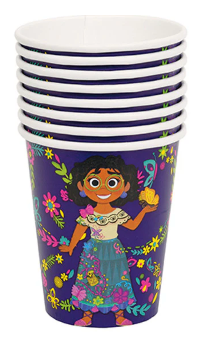 Stack of eight purple paper cups featuring Mirabel from Disney's Encanto with colorful floral designs.
