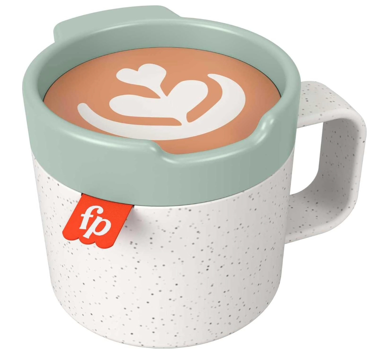 Speckled white plastic teether shaped like a coffee cup with a mint green lid and latte art design on top.